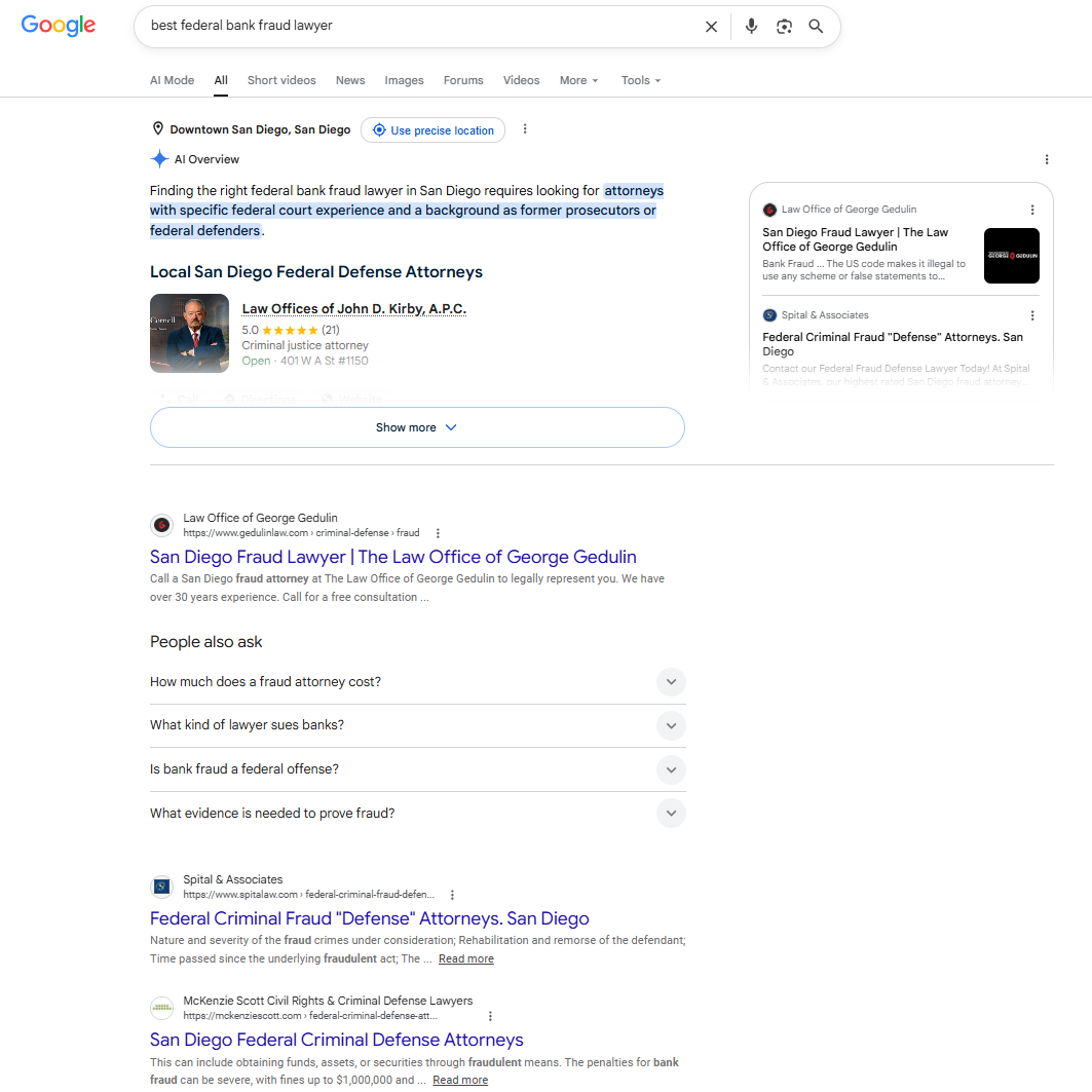 Google search result for best federal bank fraud attorney showing page 1 ranking and AI Overview presence after Orchestra2026 deployment