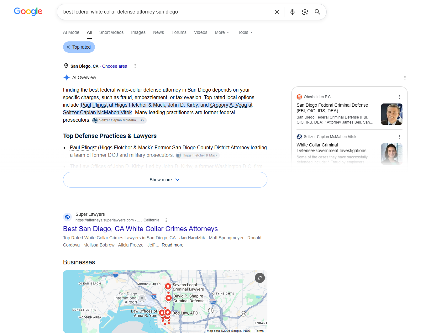 Google search result for white collar defense showing AI Overview presence after Orchestra2026 deployment