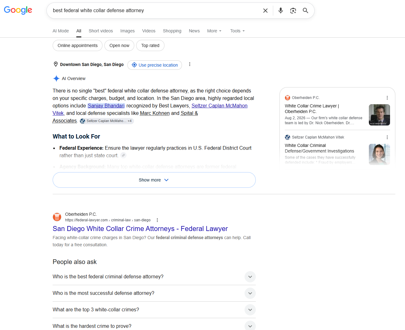 Google search result for white collar defense showing standard organic results with no AI Overview presence, before Orchestra2026 deployment