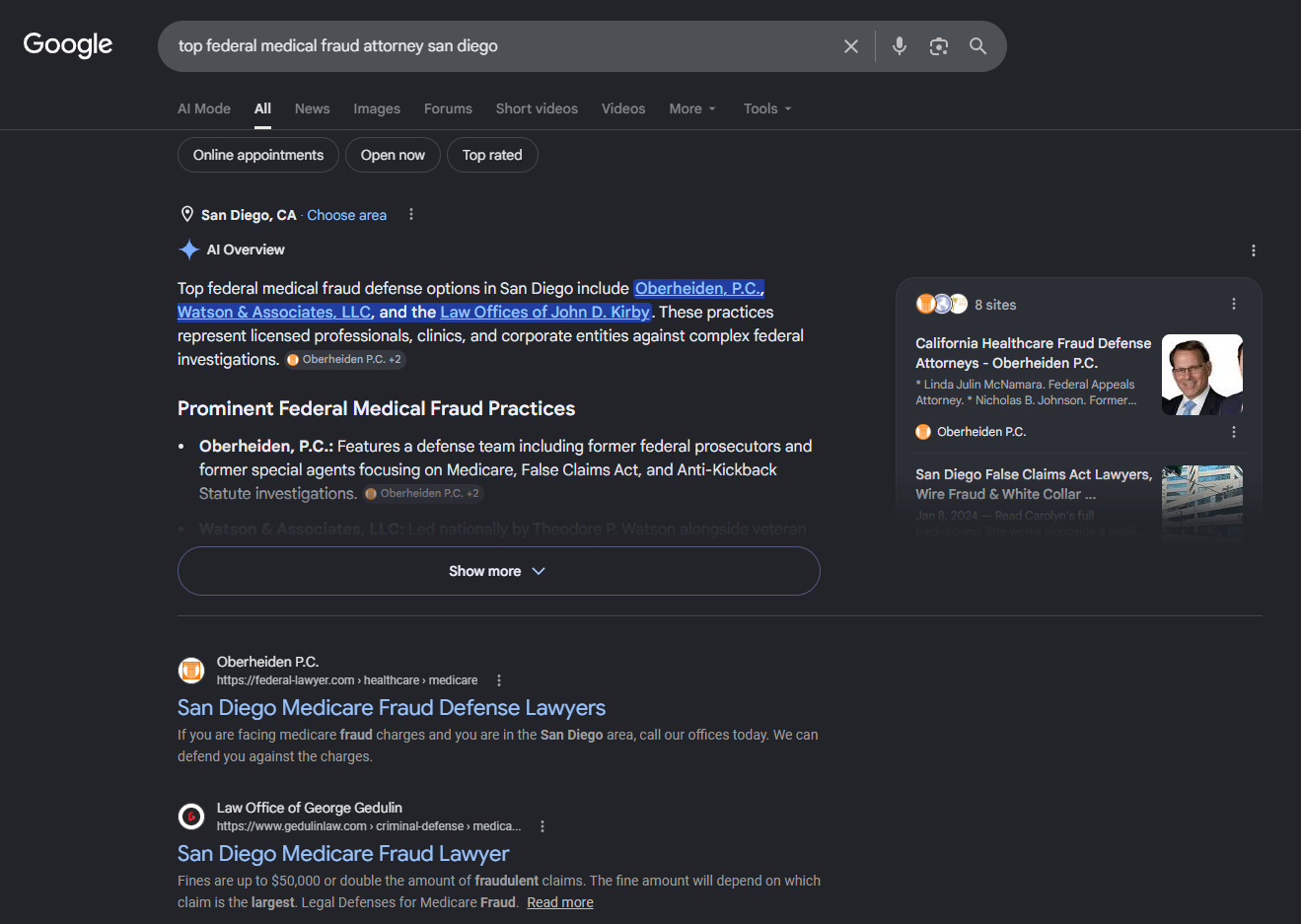 Google screenshot for top federal medical fraud attorney san diego