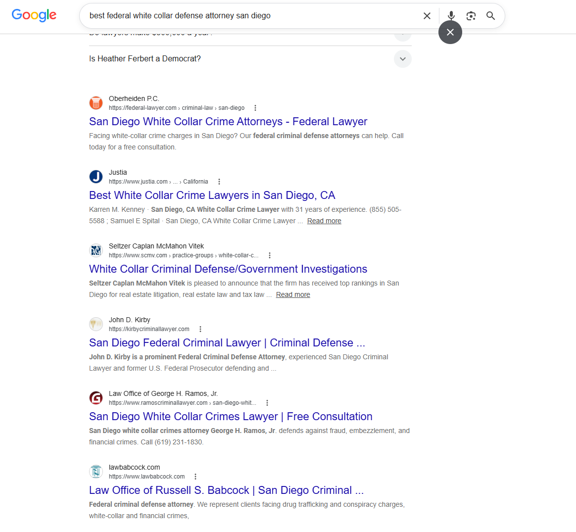 Google search result for best federal white collar defense attorney showing the client on page 2, before Orchestra2026 deployment